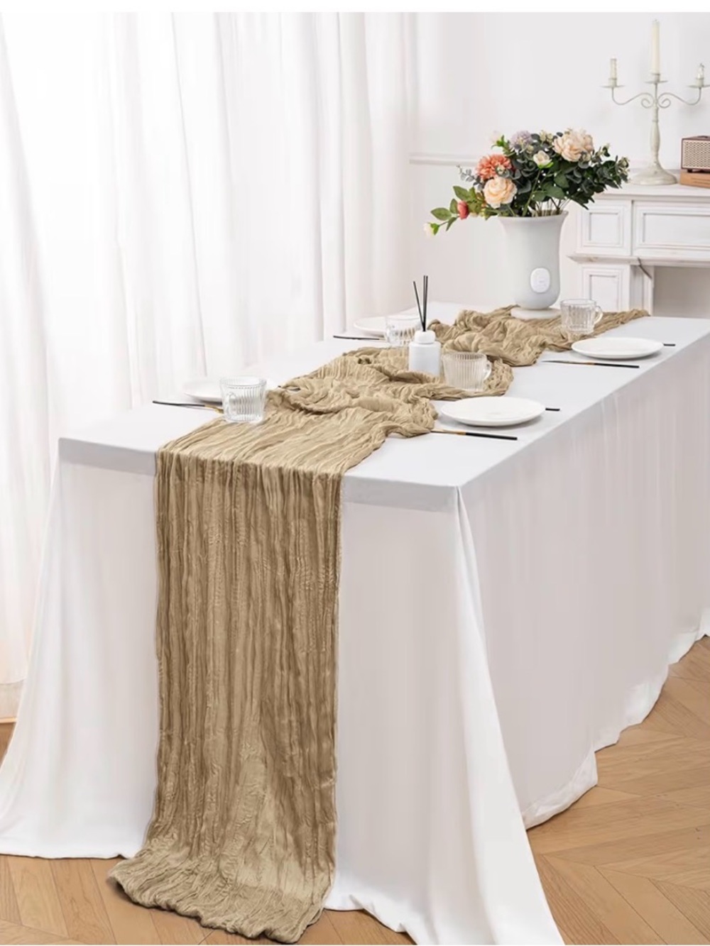 12-pack Beige Sheer Table Runners - Banquet Wedding Shower Decor Boho Rustic